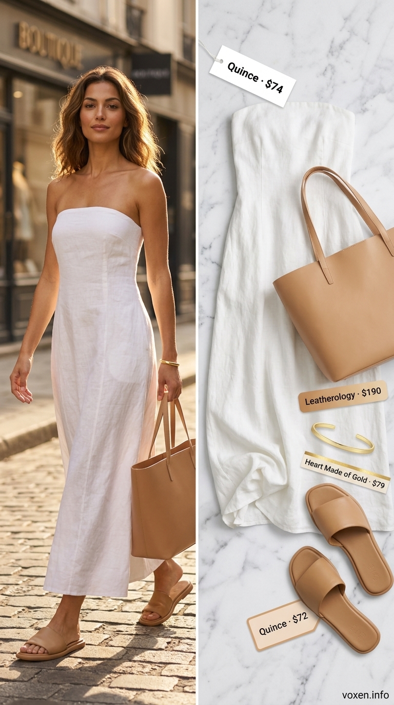 Chic white versatile dress with tan leather sandals, tote bag, and gold cuff for summer dresses for women 2026.