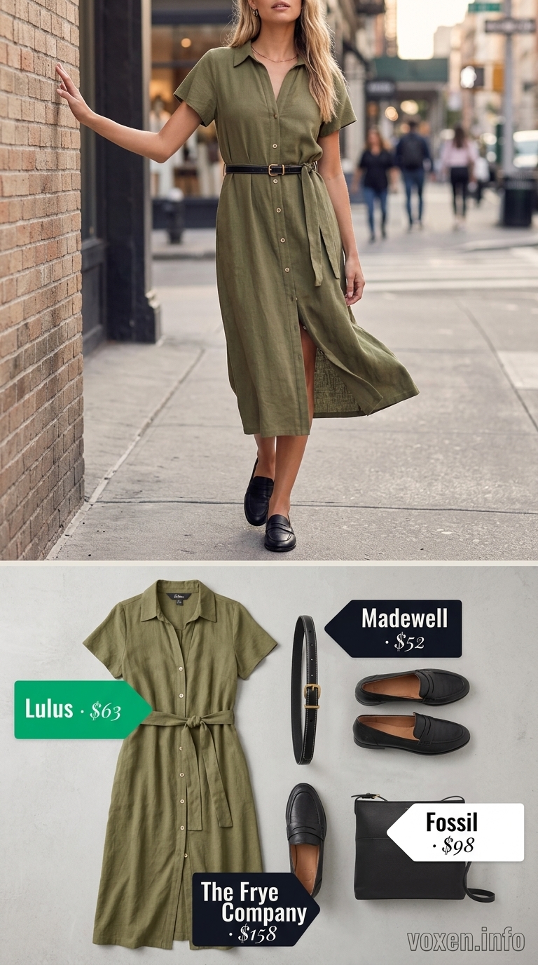 Chic olive green shirt dress for city sightseeing 2026. Modern outfit with black belt, loafers, and crossbody bag.