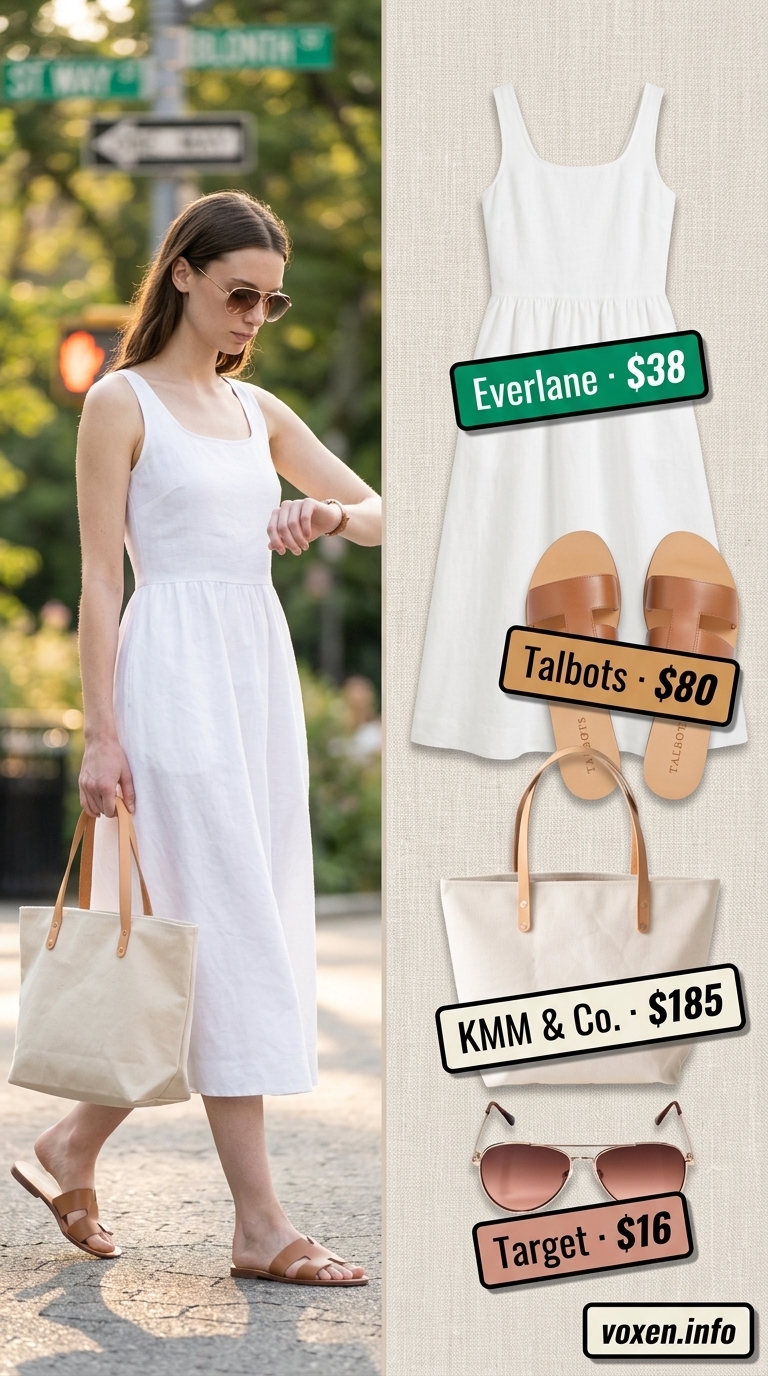 Effortless white linen dress for summer errands 2026. Casual outfit with tote bag, slides, and sunglasses.