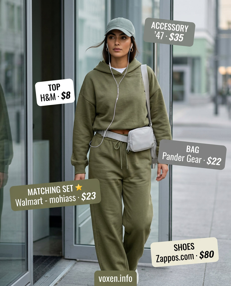 Sporty athleisure set summer fashion outfits for women 2026, olive green sweatsuit, white tee, sneakers.