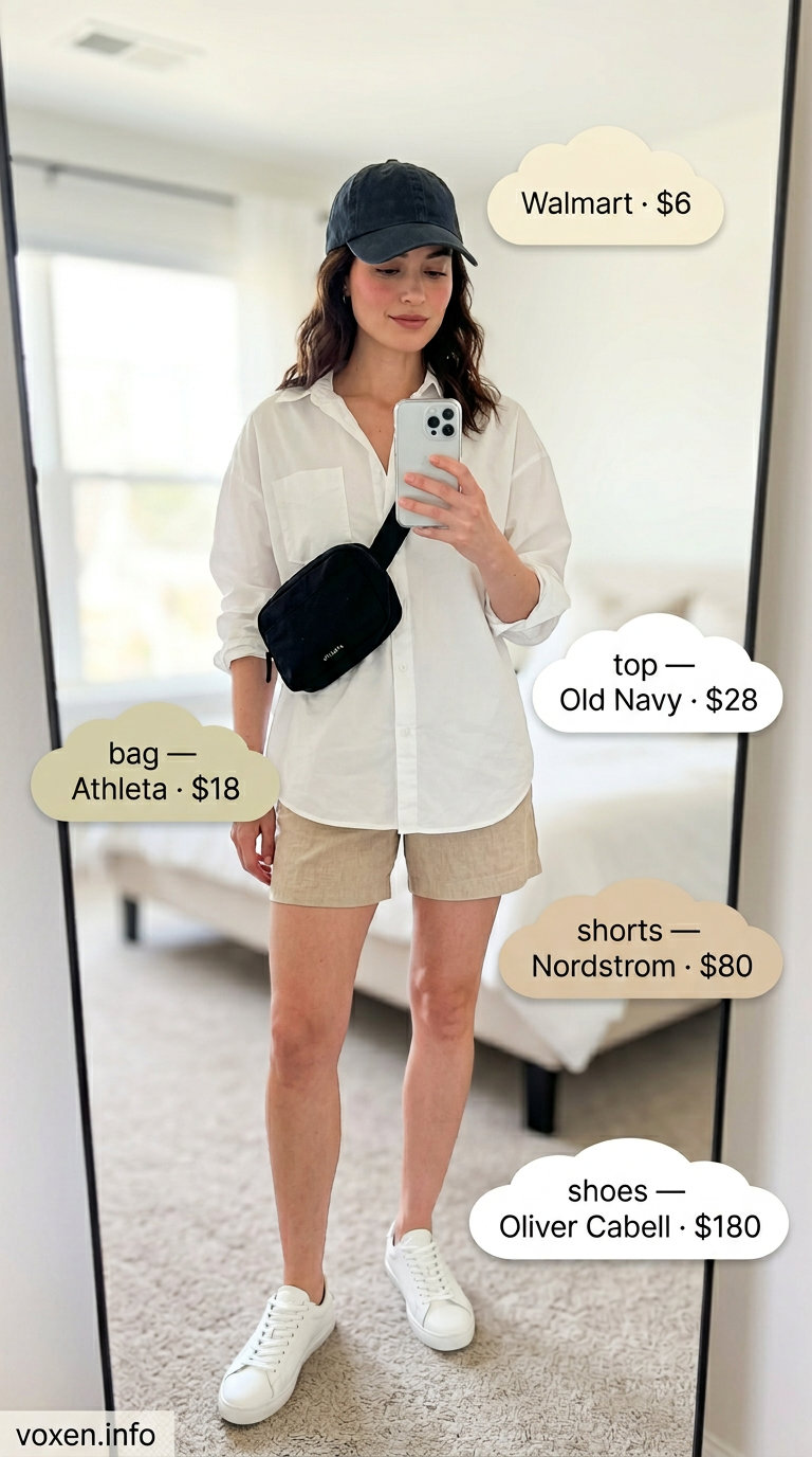 Elevated athleisure shorts outfit for summer fashion outfits for women 2026. Comfortable travel day look with oversized shirt and belt bag.