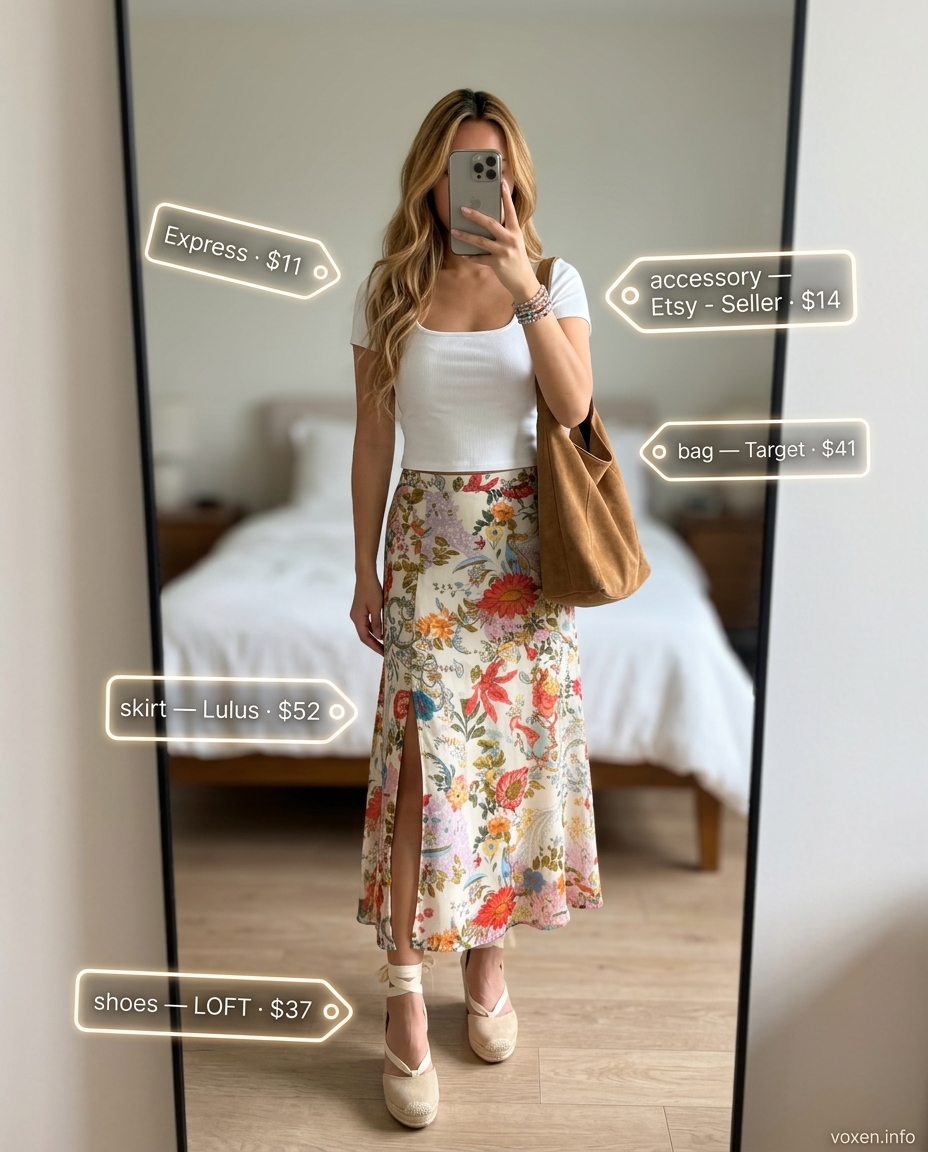 Boho chic midi skirt outfit for summer fashion outfits for women 2026. Romantic festival look with floral skirt and white crop top.