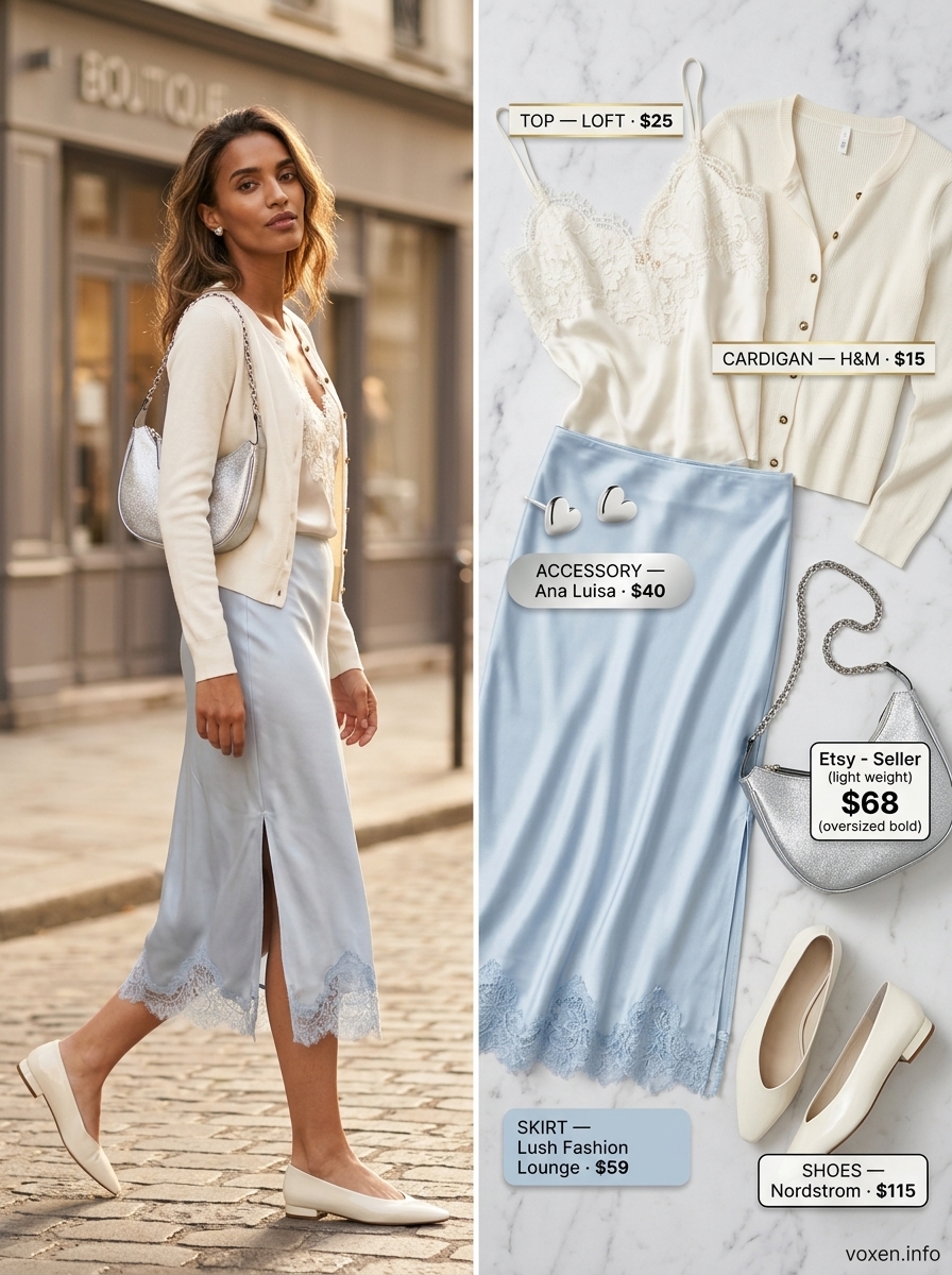 Chic brunch midi skirt outfit for summer fashion outfits for women 2026. Feminine and polished look with powder blue satin skirt and ivory camisole.