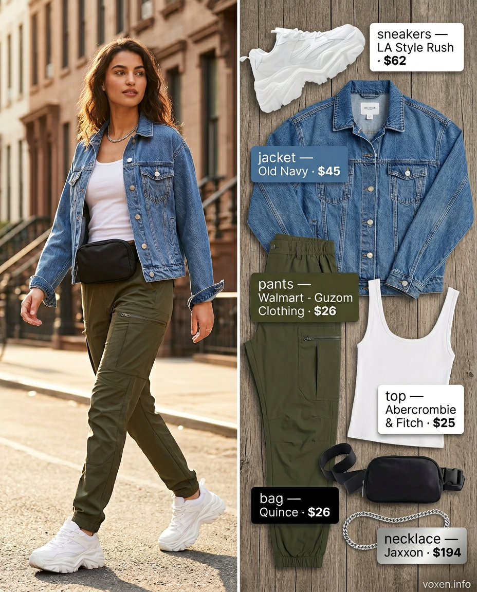 Urban explorer cargo pants outfit for summer fashion outfits for women 2026. Edgy city style with olive green pants, denim jacket, and sneakers.