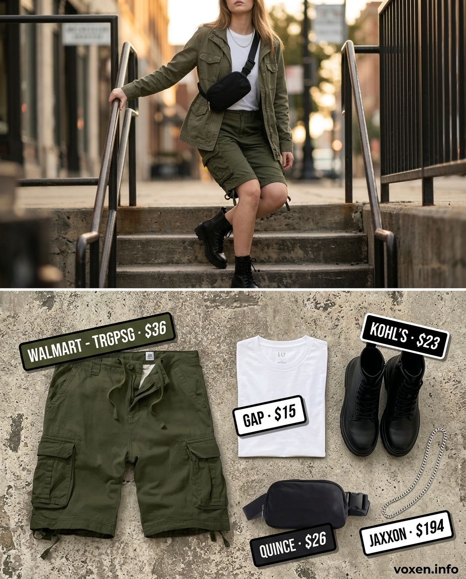 Urban explorer cargo shorts summer fashion outfits for women 2026, olive green, white tee, combat boots.