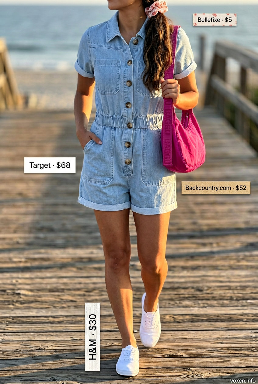 Playful chambray romper summer fashion outfits for women 2026, light blue, white sneakers, pink crossbody.