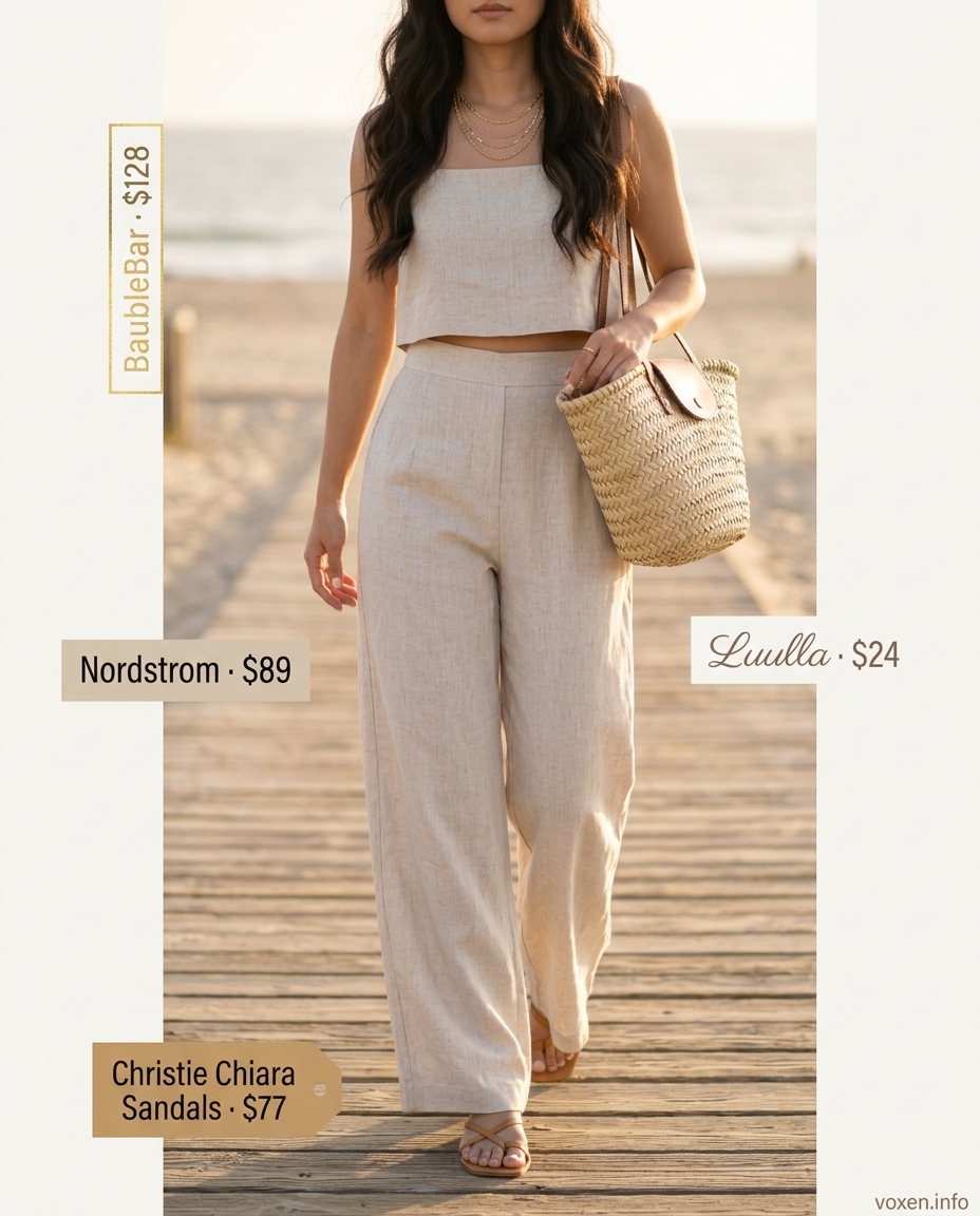 Coastal breeze linen set for summer fashion outfits for women 2026. Relaxed beach day or brunch style with cream, white, and tan tones.