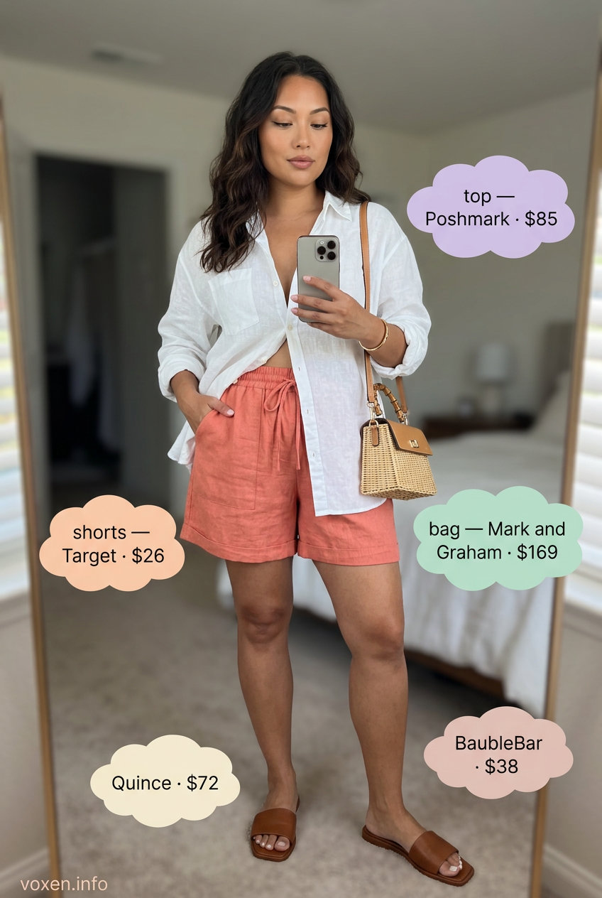 Coral linen shorts and button-down set for summer fashion outfits for women 2026. Vibrant resort wear with straw bag and sandals.