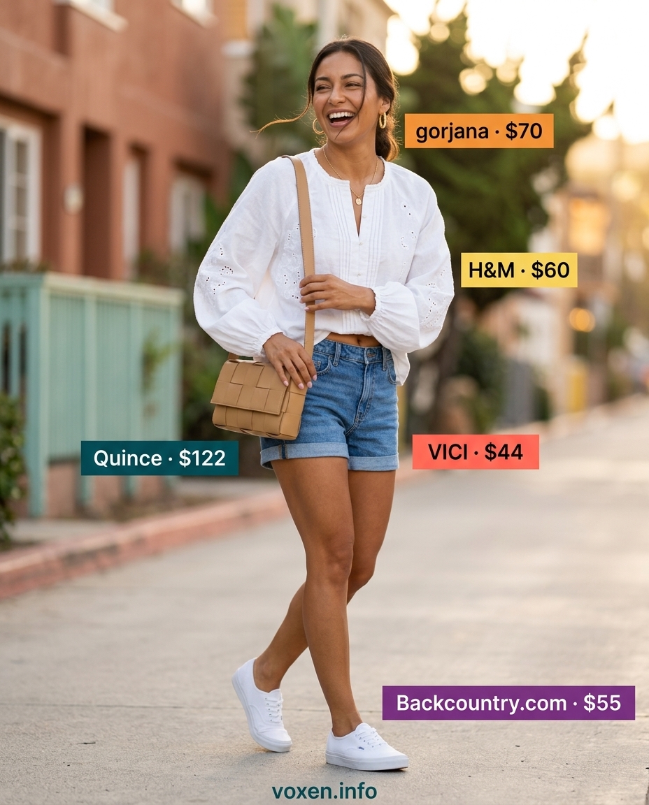 Denim shorts and breezy blouse for summer fashion outfits for women 2026. Classic casual day out look with sneakers and crossbody bag.