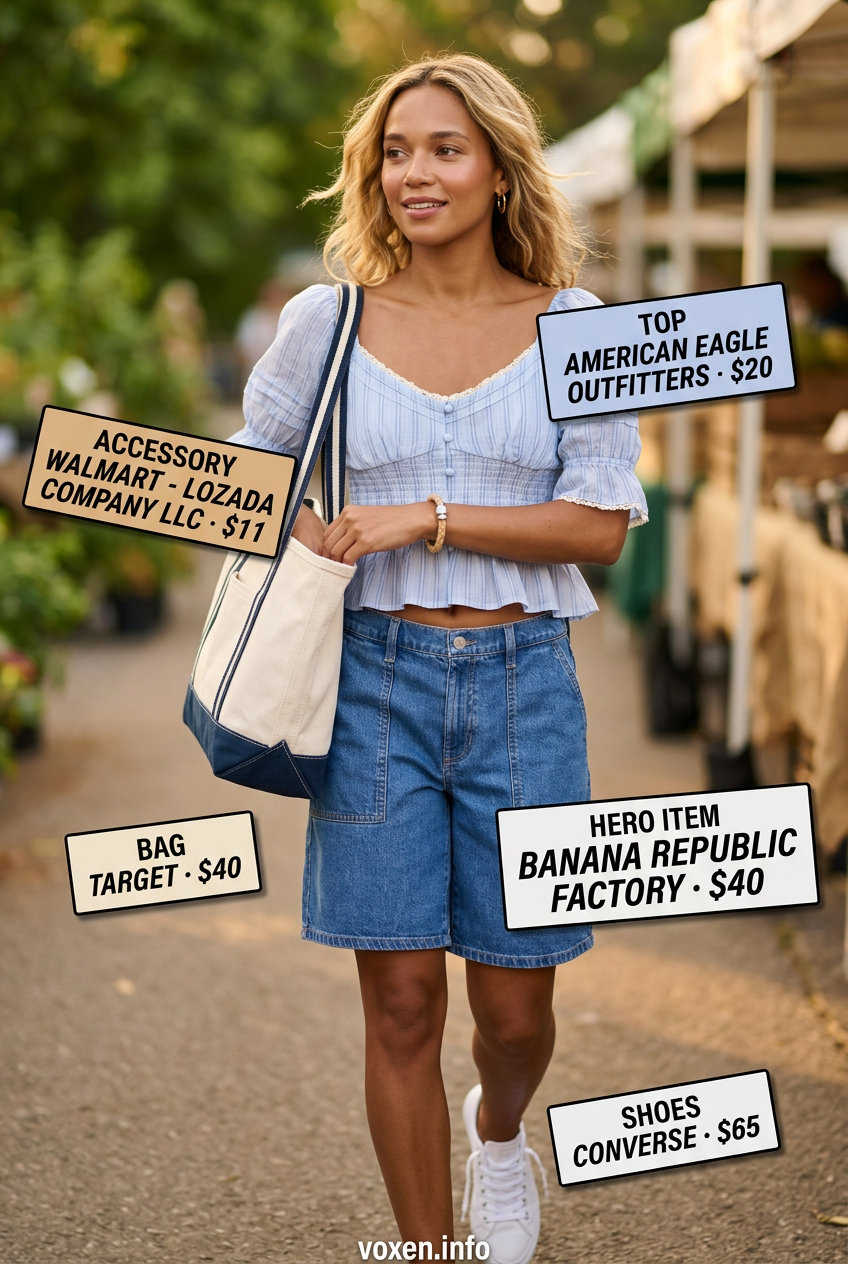 Casual summer fashion outfits for women 2026: Denim shorts, pastel blue blouse, white sneakers, canvas tote.