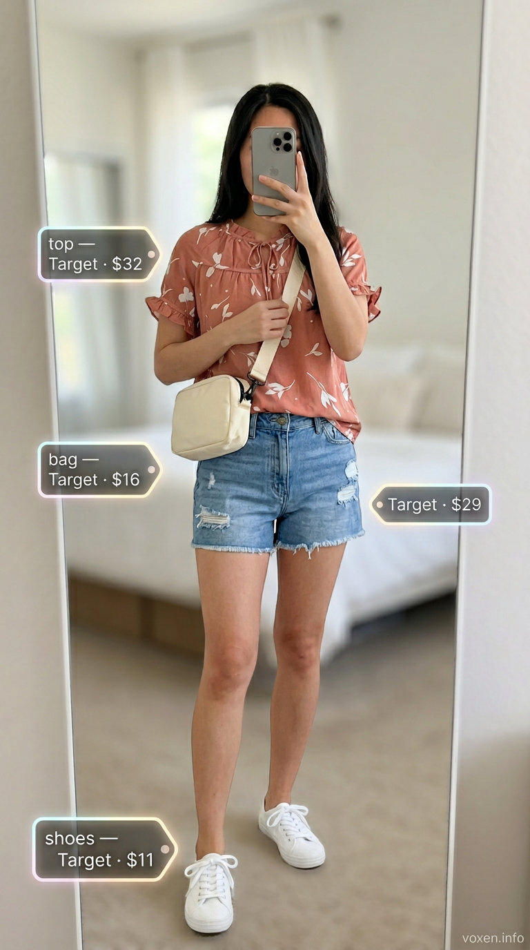 Playful denim shorts outfit for summer fashion outfits for women 2026. Casual weekend look with coral floral blouse and white sneakers.