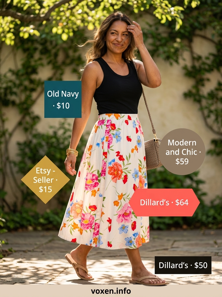 Bold floral midi skirt summer fashion outfits for women 2026, black tank, tan crossbody, leather sandals.