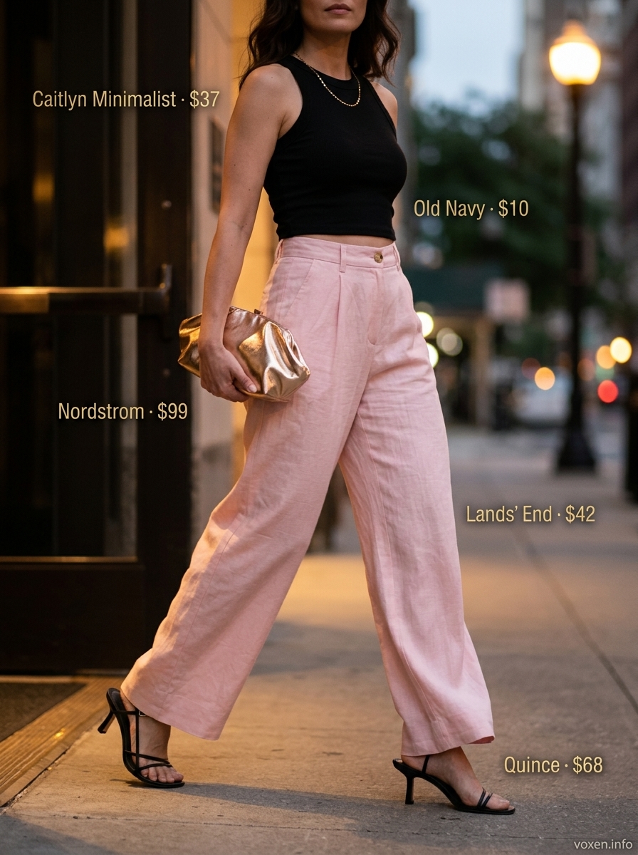 Wide-leg linen pants and crop top for summer fashion outfits for women 2026. Chic evening look with heeled sandals and clutch.