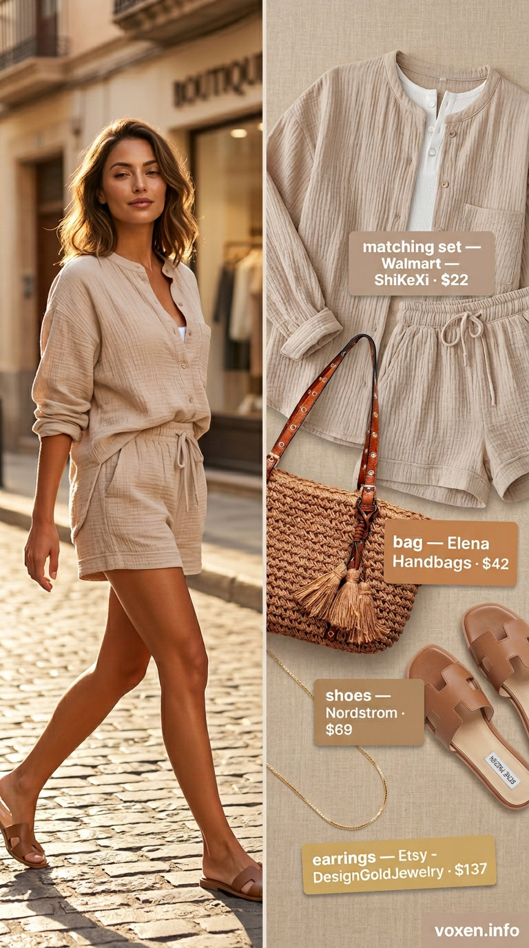 Coastal breeze linen set for summer fashion outfits for women 2026. Relaxed beach vacation look with straw tote and sandals.