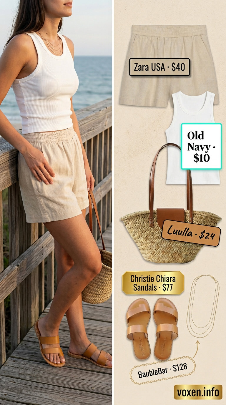 Coastal linen set summer fashion outfits for women 2026, beige shorts, oversized shirt, tan slides, straw tote.