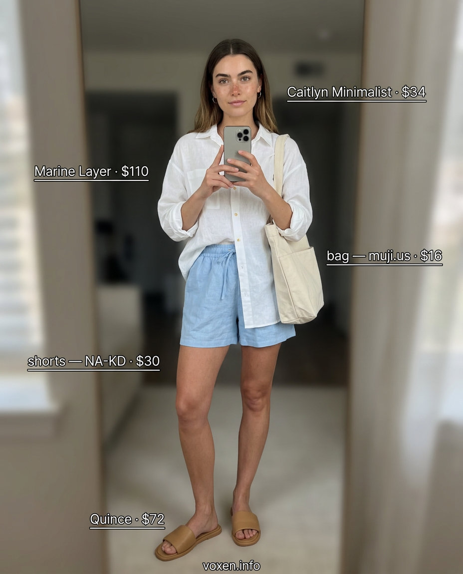 Effortless light blue linen shorts & white oversized shirt for summer fashion outfits for women 2026. Comfortable, relaxed travel style.