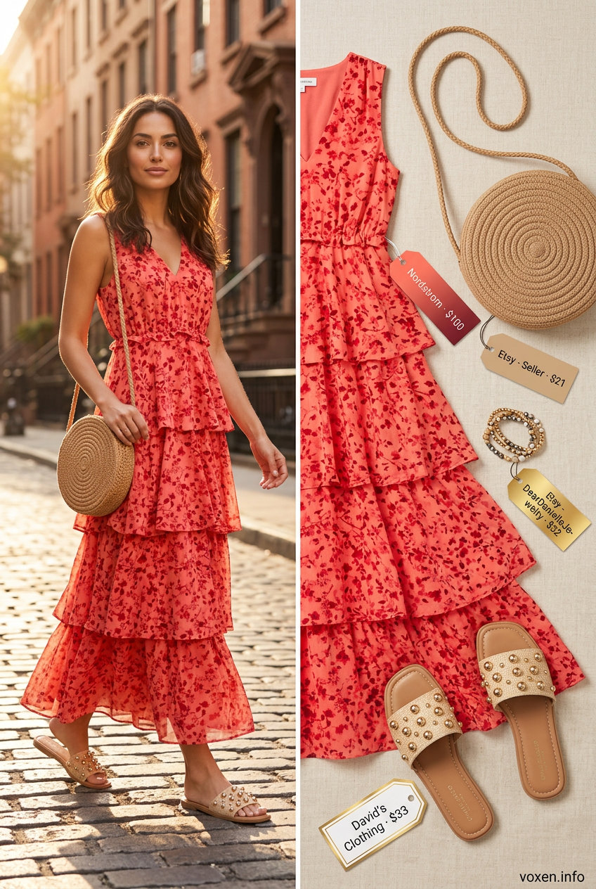 Sunset maxi dress outfit for summer fashion outfits for women 2026. Romantic bohemian look with layered bracelets and straw bag.