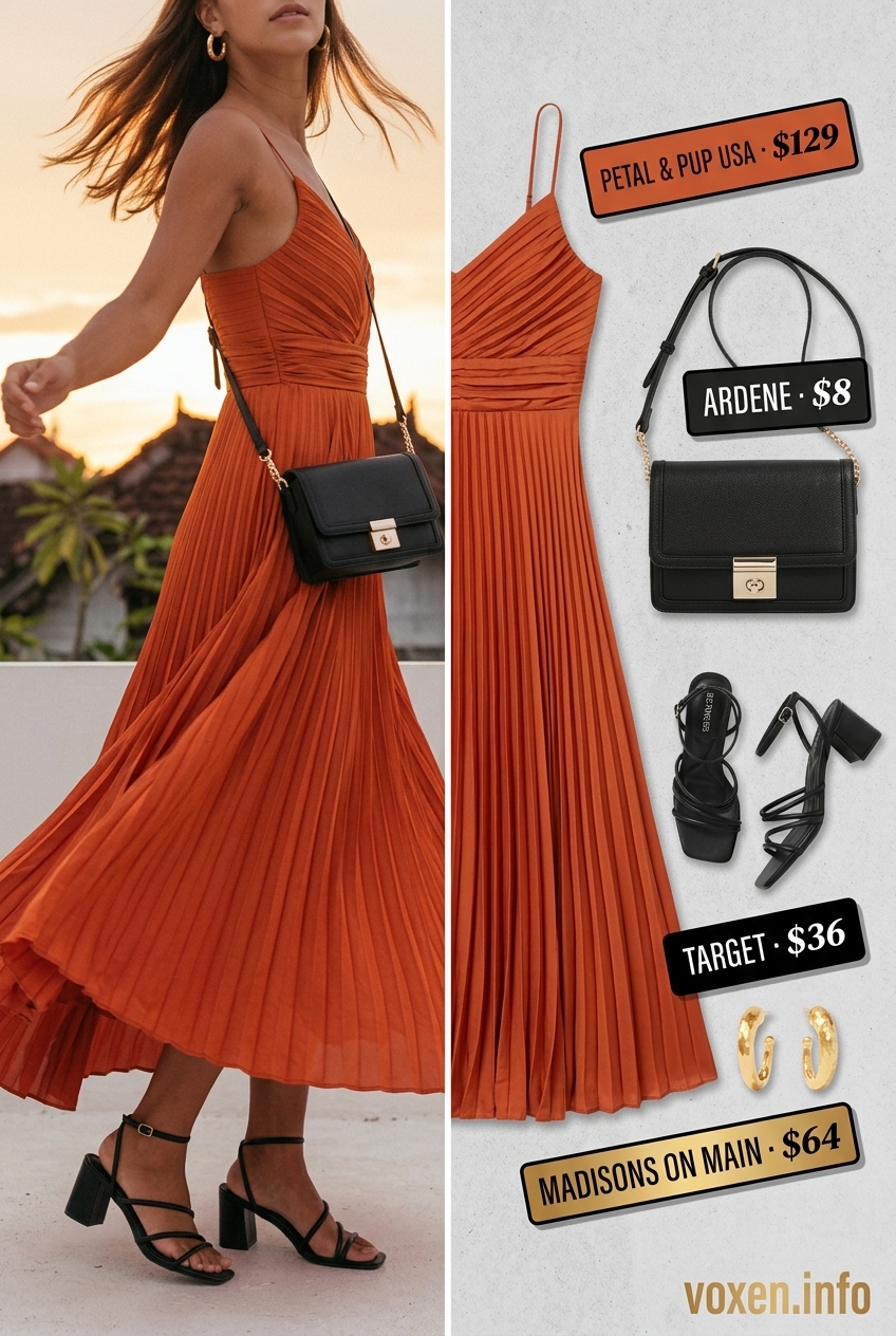 Sunset maxi dress summer fashion outfits for women 2026, orange, black sandals, gold earrings, crossbody.