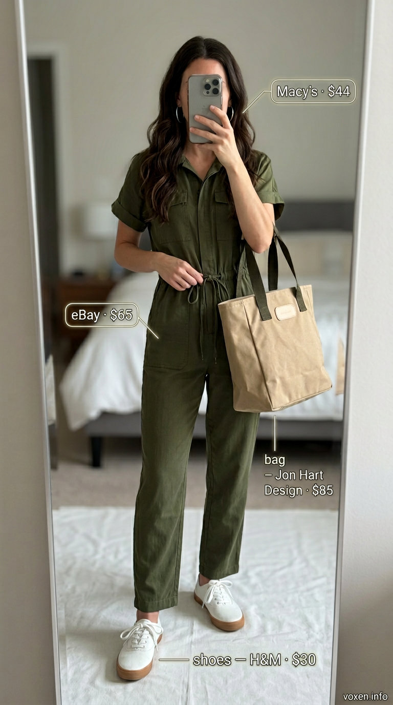 Olive green utility jumpsuit for summer fashion outfits for women 2026. Chic weekend casual look with sneakers and canvas tote.