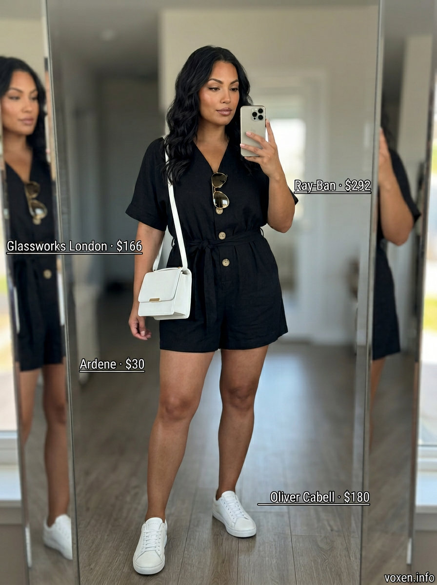 Playful black romper outfit for summer fashion outfits for women 2026. Chic and easy daytime or travel style with white sneakers.