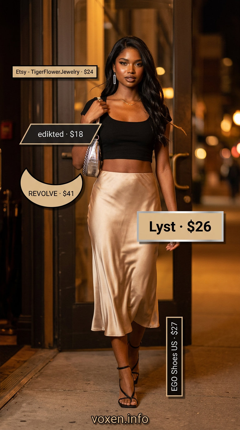 Satin midi skirt summer fashion outfits for women 2026, champagne, black crop top, silver heels, mini bag.
