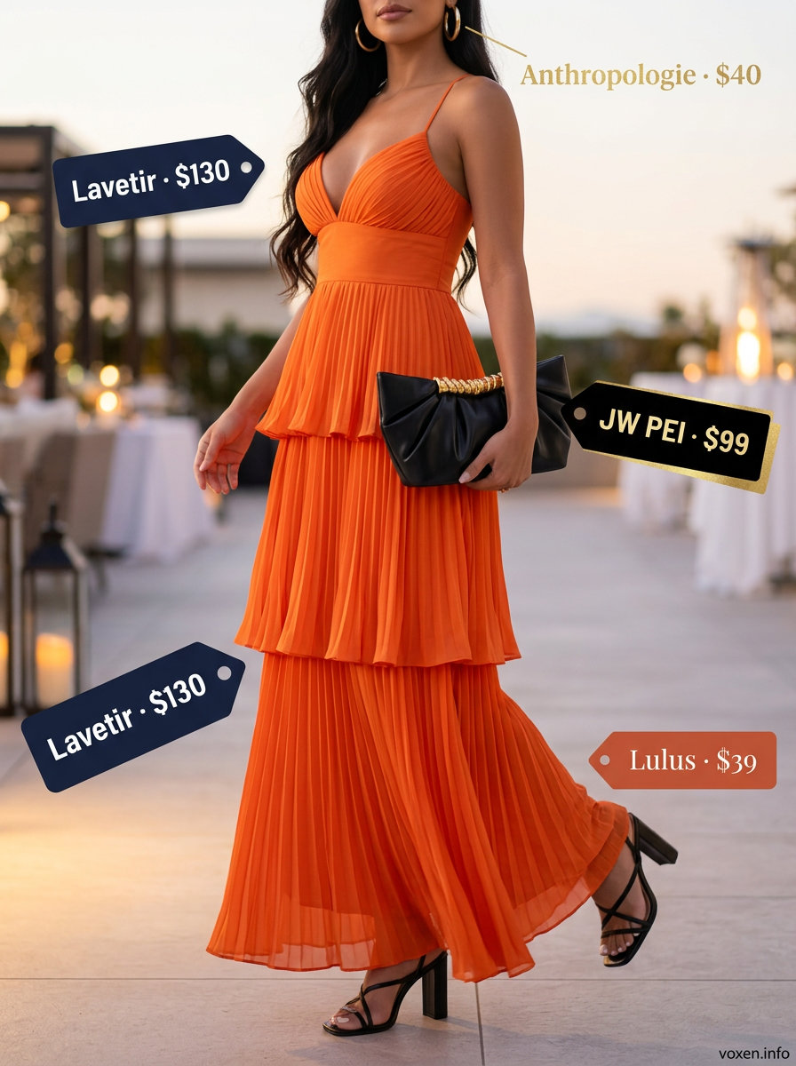Glamorous sunset maxi dress for summer fashion outfits for women 2026. Vibrant orange dress for evening events, vacation dinners, or weddings.