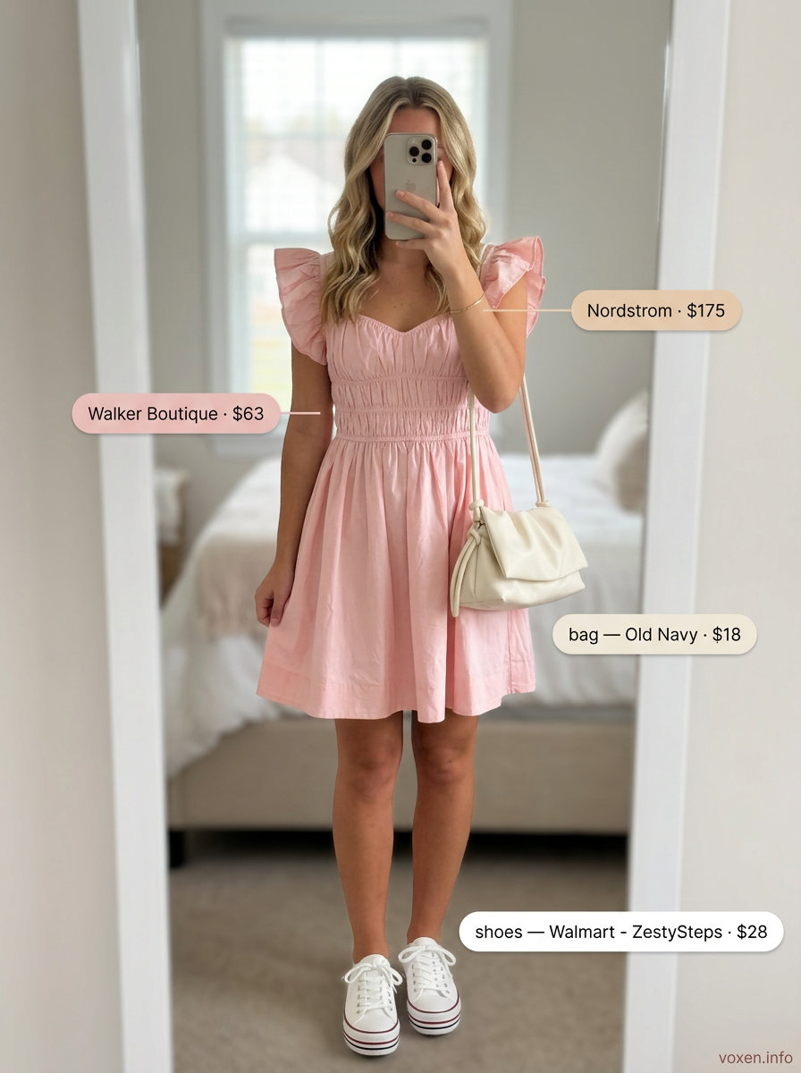 Sweetheart mini sundress for summer fashion outfits for women 2026. Feminine picnic or casual date look in blush pink with white sneakers.