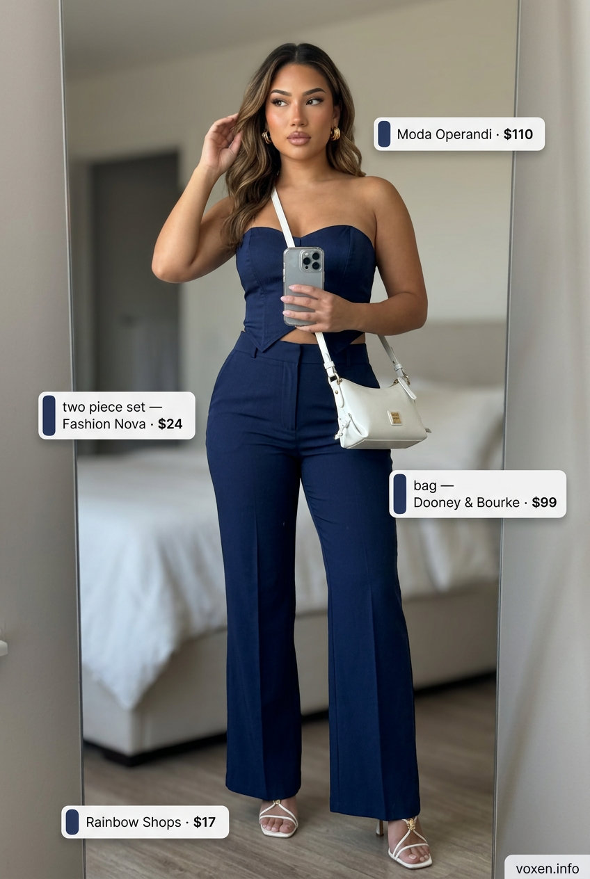 Modern tailored two-piece set for summer fashion outfits for women 2026. Sophisticated evening out look with statement earrings.