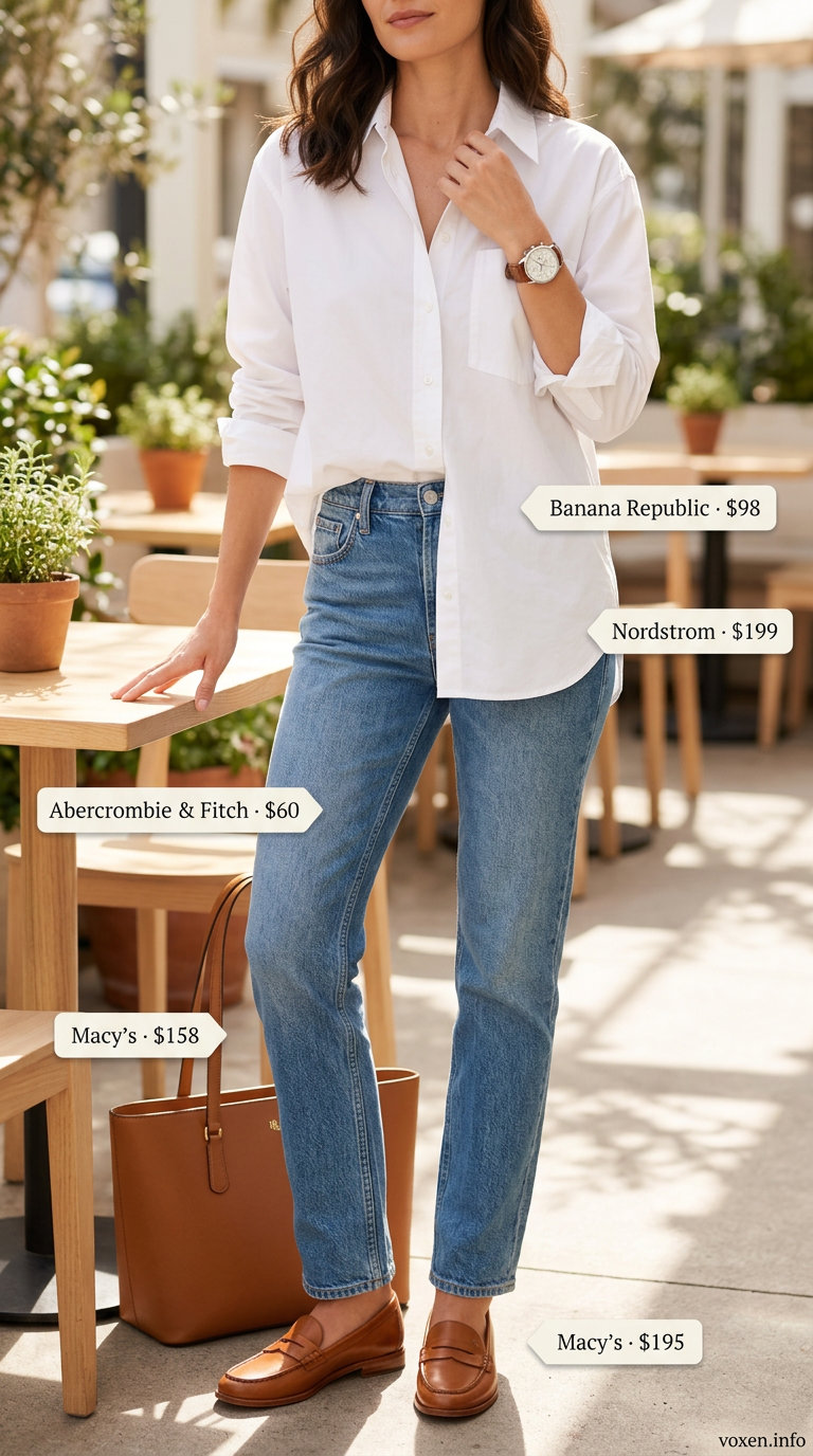 Effortless white button-down shirt & jeans summer fashion outfits for women 2026, tan loafers, tote.