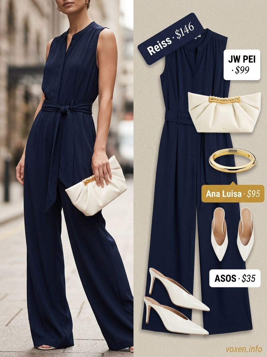 Chic wide-leg jumpsuit summer fashion outfits for women 2026, navy, white clutch, gold jewelry, heeled mules.