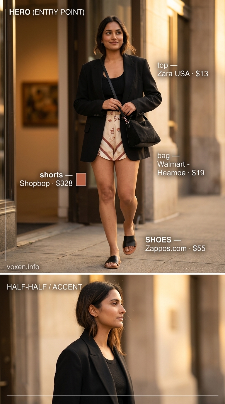 Summer Flowy Shorts for Women 2026: Art Gallery Summer flowy shorts for women 2026 in abstract print, with a black blazer for an art gallery explorer outfit.