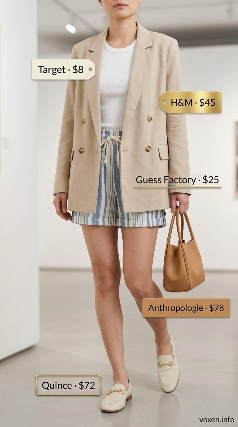 Artsy Gallery Visit: Flowy Shorts for Women 2026 Artsy Gallery Visit outfit with blue striped flowy shorts for women 2026, white tank, and linen blazer.