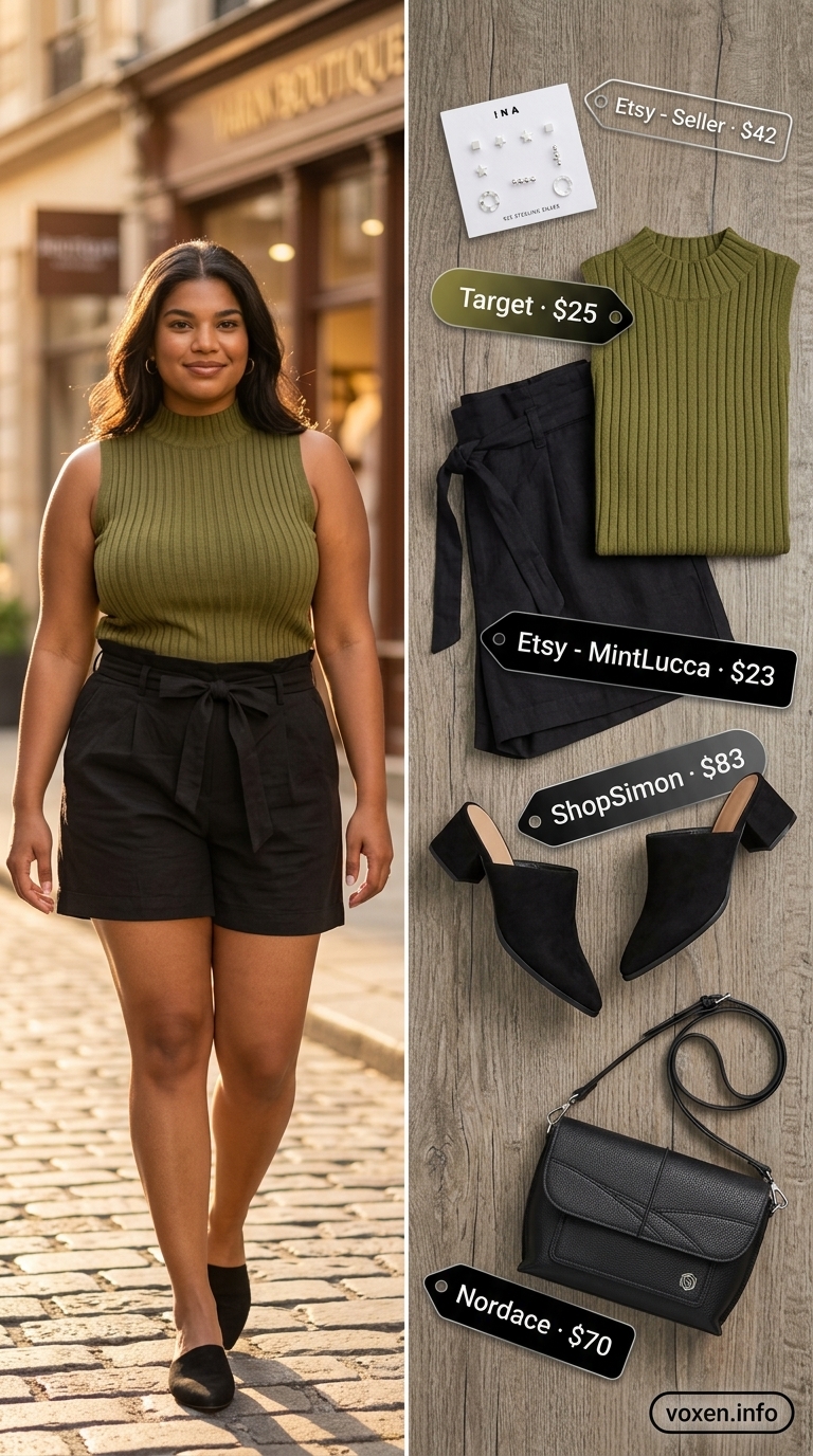 Summer Flowy Shorts for Women 2026: Urban Safari Summer flowy shorts for women 2026 in black tailored paperbag waist, with an olive green knit top for urban safari style.