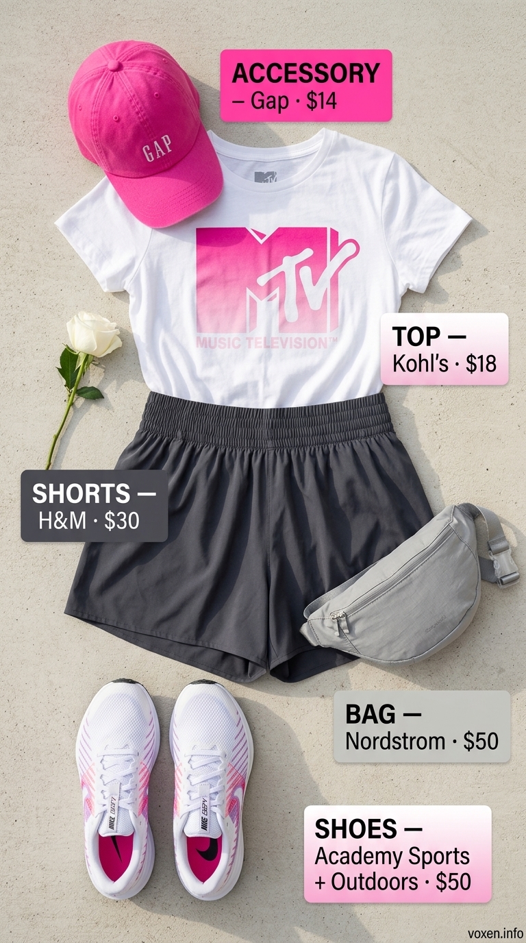 Summer Flowy Shorts for Women 2026: Active Stroll Summer flowy shorts for women 2026 in charcoal gray, with a graphic tee and neon pink cap for an active stroll.