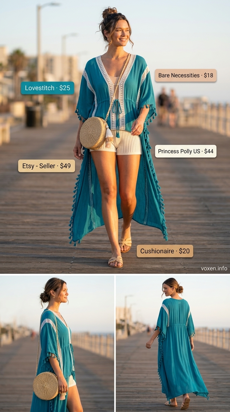 Summer Flowy Shorts for Women 2026: Poolside Boho Summer flowy shorts for women 2026 in cream crochet knit, styled as a cover-up over a bodysuit for poolside relaxation.
