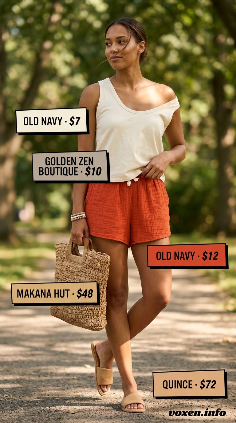 Earthy Market Morning: Flowy Shorts for Women 2026 Earthy Market Morning outfit with rust orange flowy shorts for women 2026, cream tank, and straw bag.