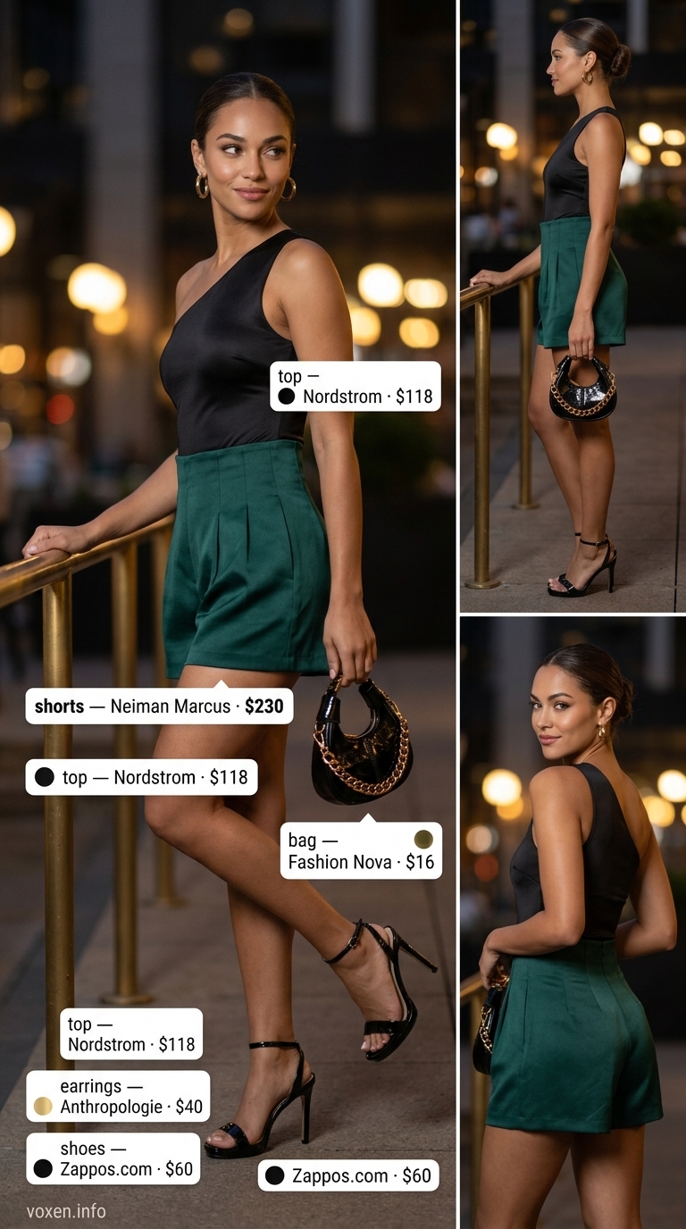 Summer Flowy Shorts for Women 2026: Tropical Glam Summer flowy shorts for women 2026 in emerald green satin, styled with a black bodysuit for tropical evening glam.