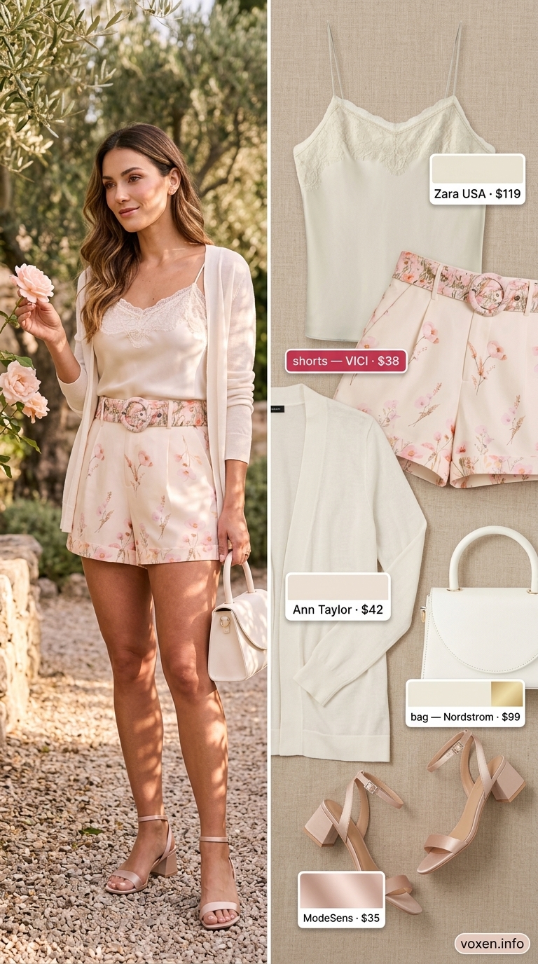 Summer Flowy Shorts for Women 2026: Garden Party Summer flowy shorts for women 2026 in blush pink floral, styled with a camisole and cardigan for a garden party.