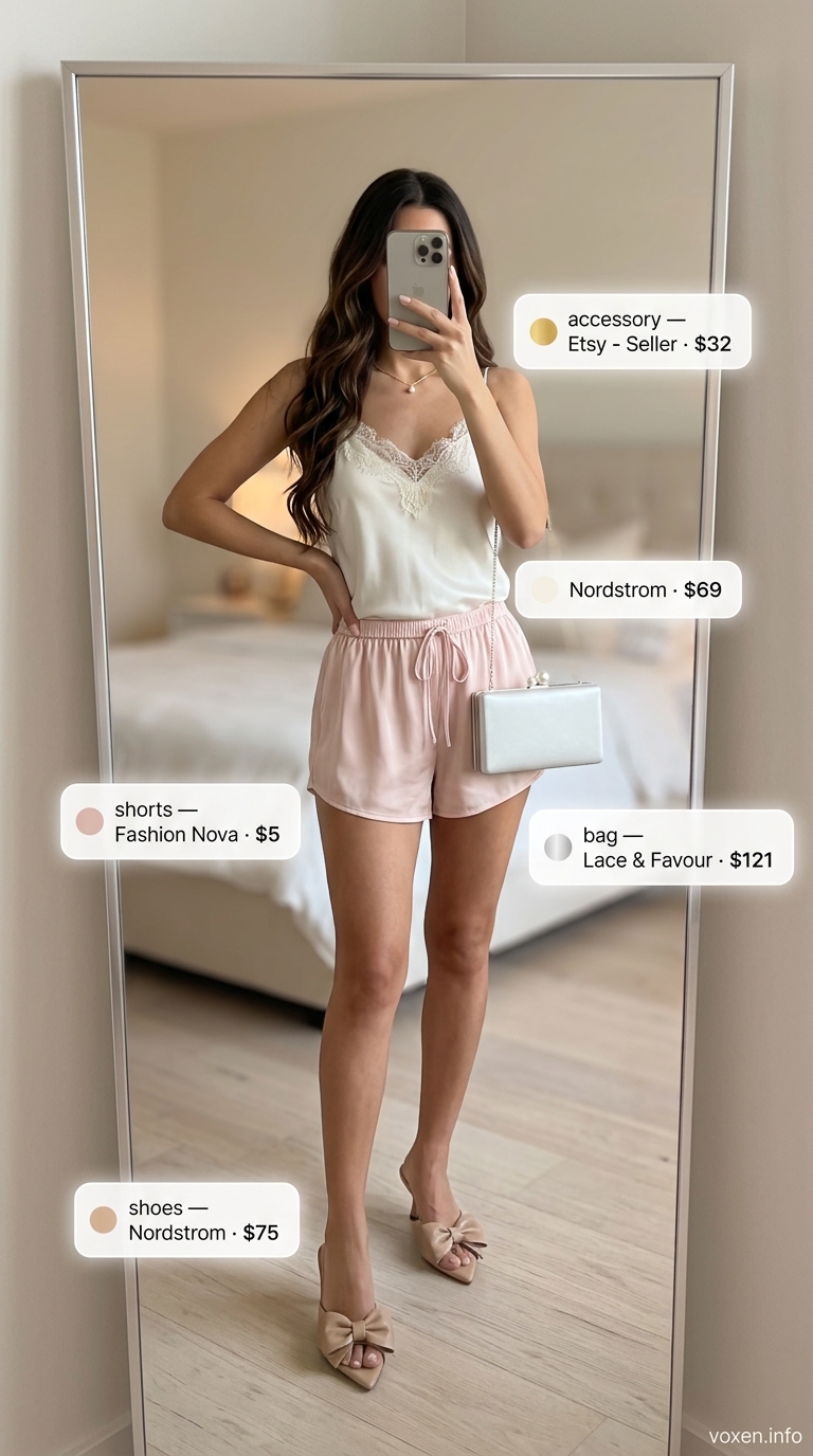 Garden Party Romance: Flowy Shorts for Women 2026 Garden Party Romance outfit with blush pink flowy shorts for women 2026, lace camisole, and pearl clutch.