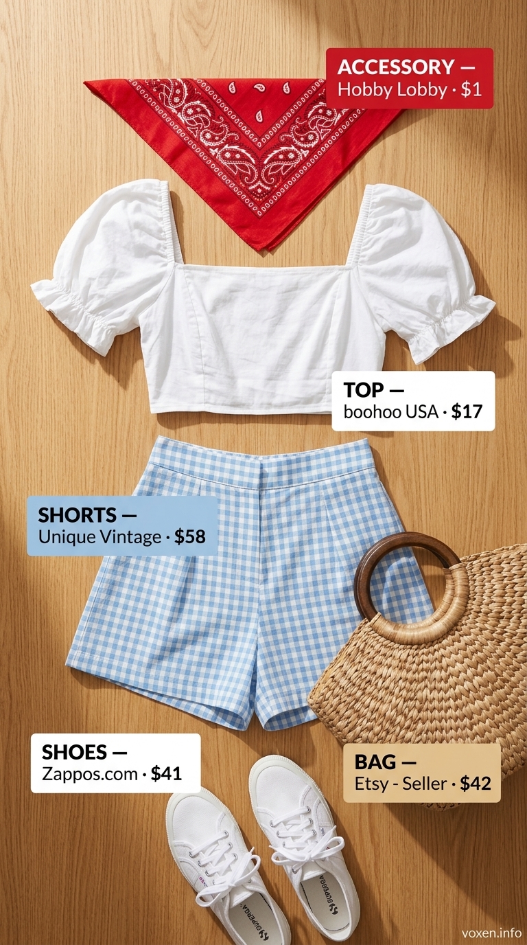 Summer Flowy Shorts for Women 2026: Picnic Charm Summer flowy shorts for women 2026 in light blue gingham, paired with a puff-sleeve top for a whimsical picnic.