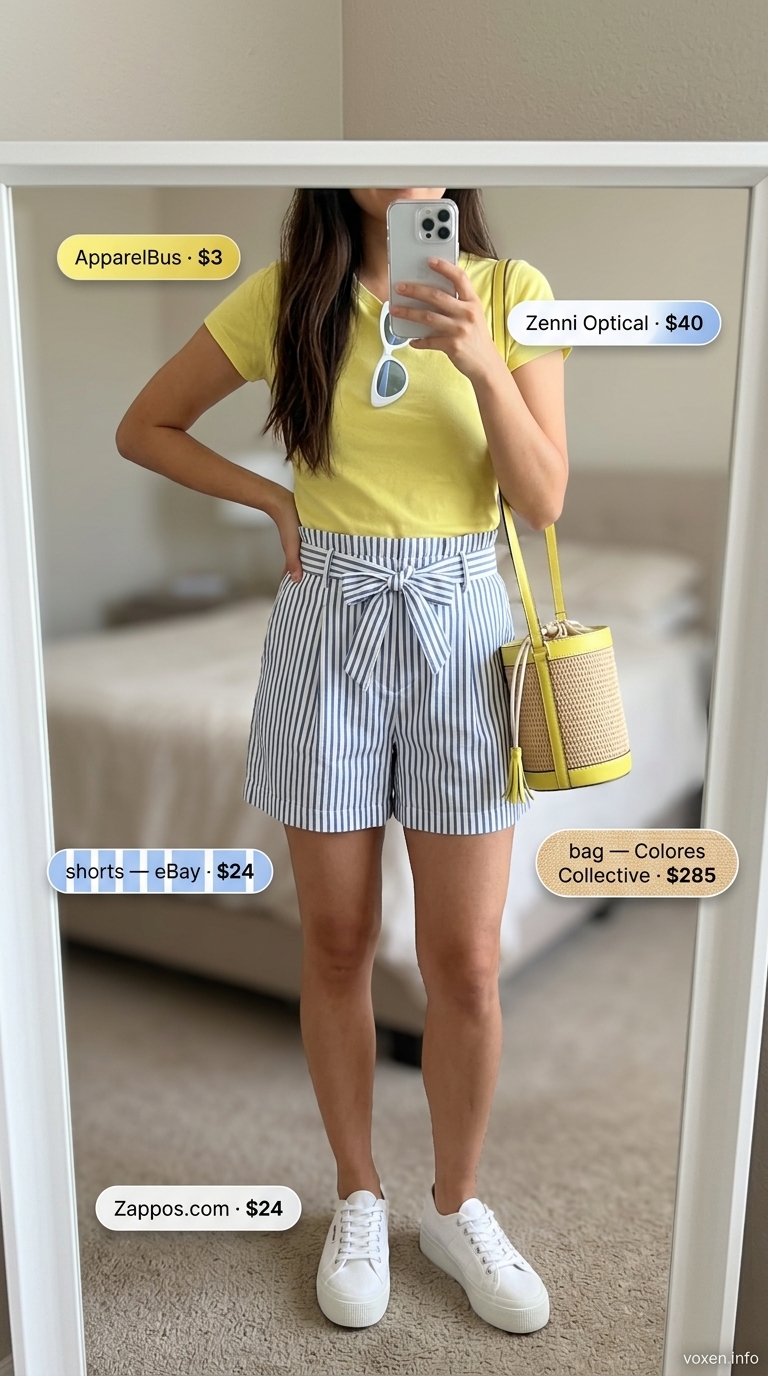 Riviera Playday: Flowy Shorts for Women 2026 Riviera Playday outfit with blue striped flowy shorts for women 2026, yellow tee, and platform sneakers.