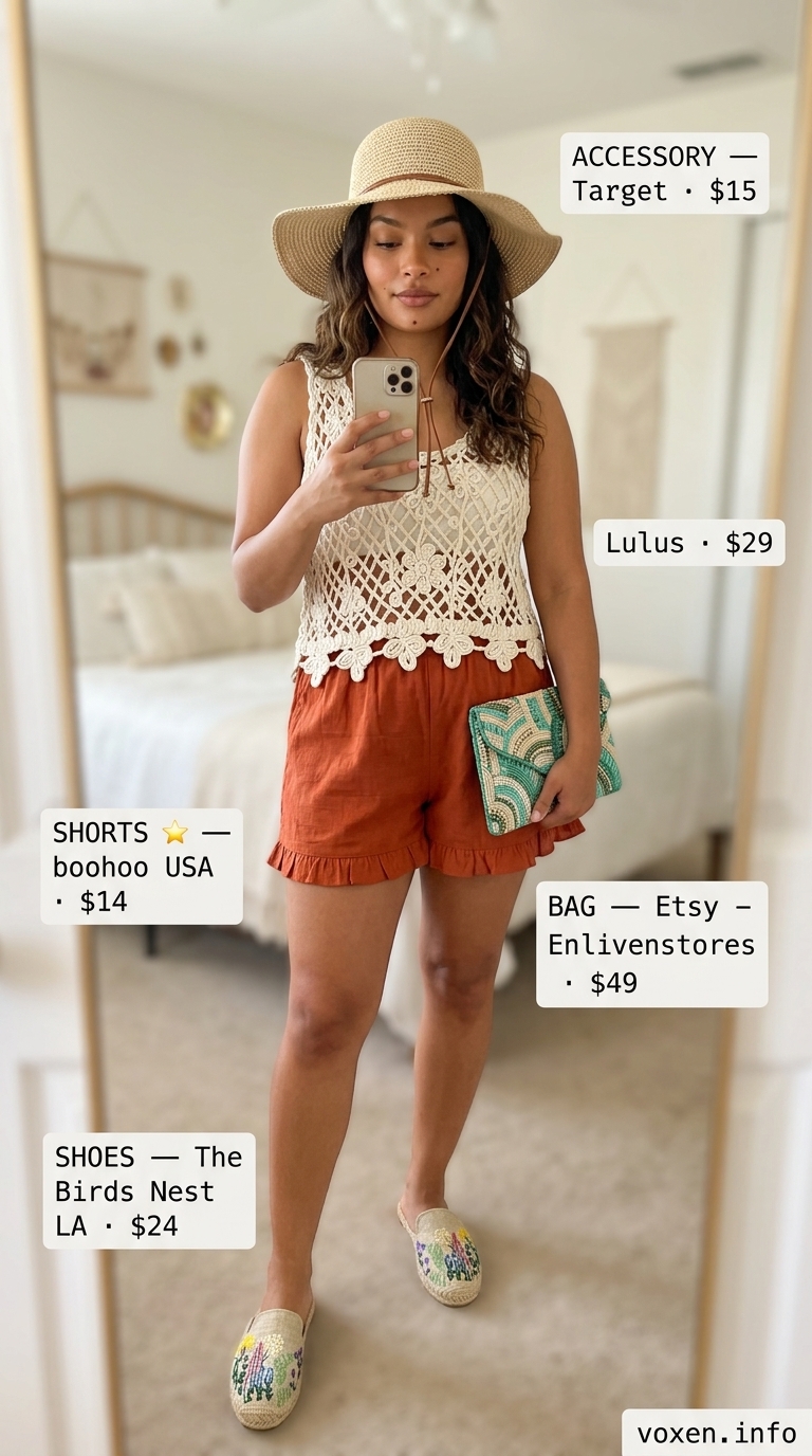Summer Flowy Shorts for Women 2026: Boho Sunset Summer flowy shorts for women 2026 in rust orange crinkle cotton, with a crochet top for vintage bohemian style.