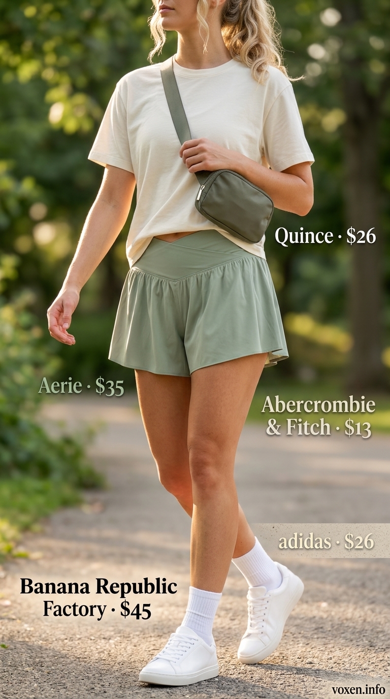 Summer Flowy Shorts for Women 2026: Weekend Casual Summer flowy shorts for women 2026 in soft sage green, paired with a cream tee and white sneakers for a weekend getaway.