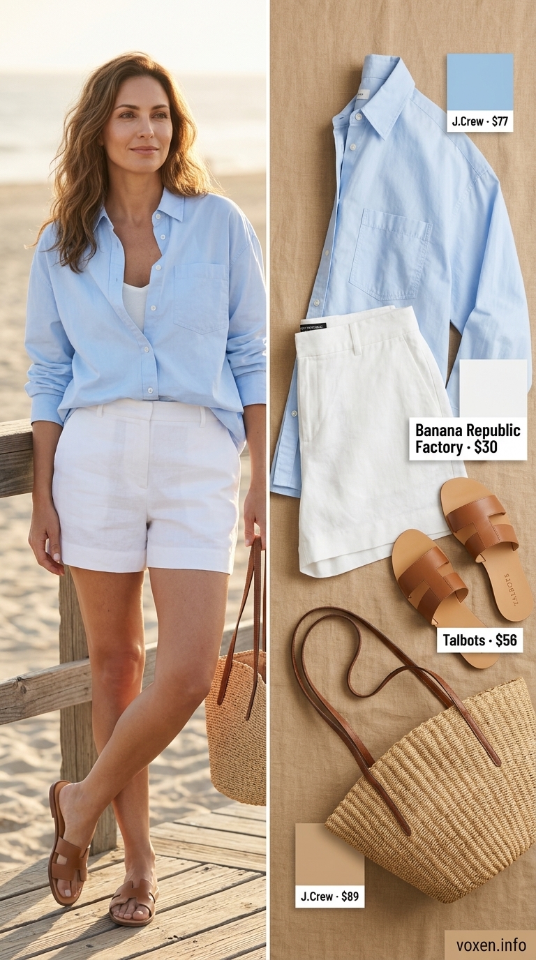 Seaside Serenity: Flowy Shorts for Women 2026 Seaside Serenity outfit with white flowy shorts for women 2026, blue shirt, and straw tote.