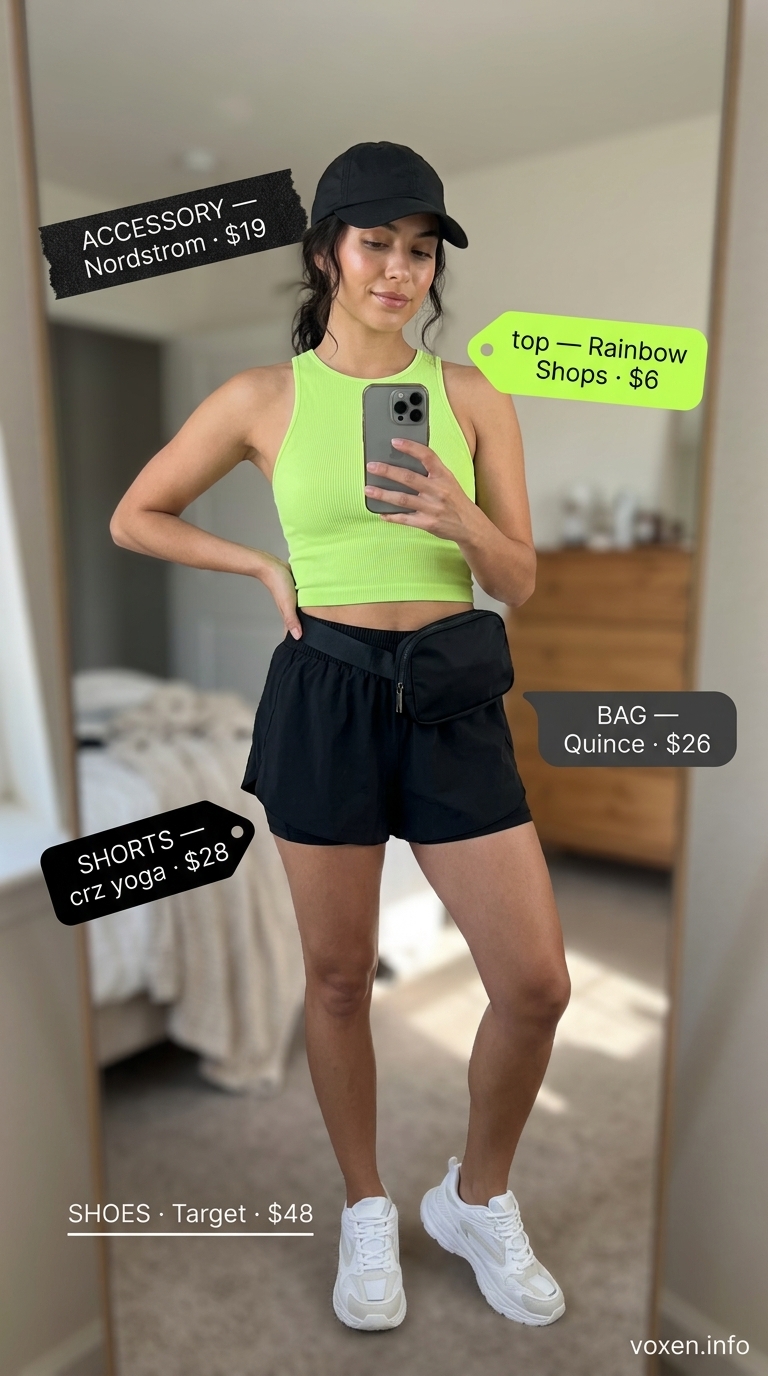 Sporty City Stroll: Flowy Shorts for Women 2026 Sporty City Stroll outfit with black flowy shorts for women 2026, neon green crop top, and sneakers.