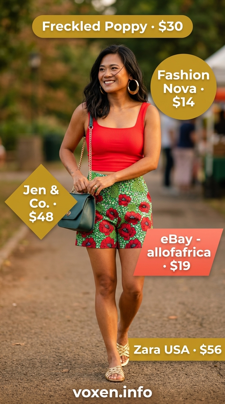 Tropical Escape Glam outfit with emerald green flowy shorts for women 2026, poppy red top, and gold sandals.
