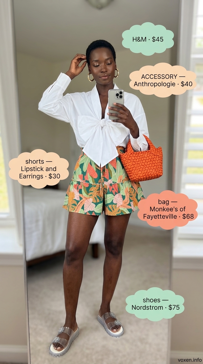 Summer Flowy Shorts for Women 2026: Tropical Resort Summer flowy shorts for women 2026 in tropical print, styled with a white tie-front shirt for resort lunch vibes.