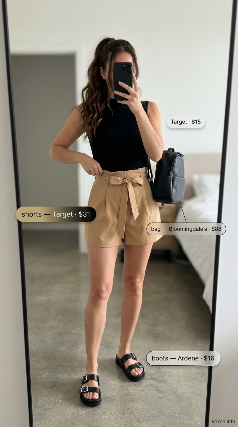 Urban Safari Chic: Flowy Shorts for Women 2026 Urban Safari Chic outfit with khaki flowy shorts for women 2026, black top, and chunky sandals.