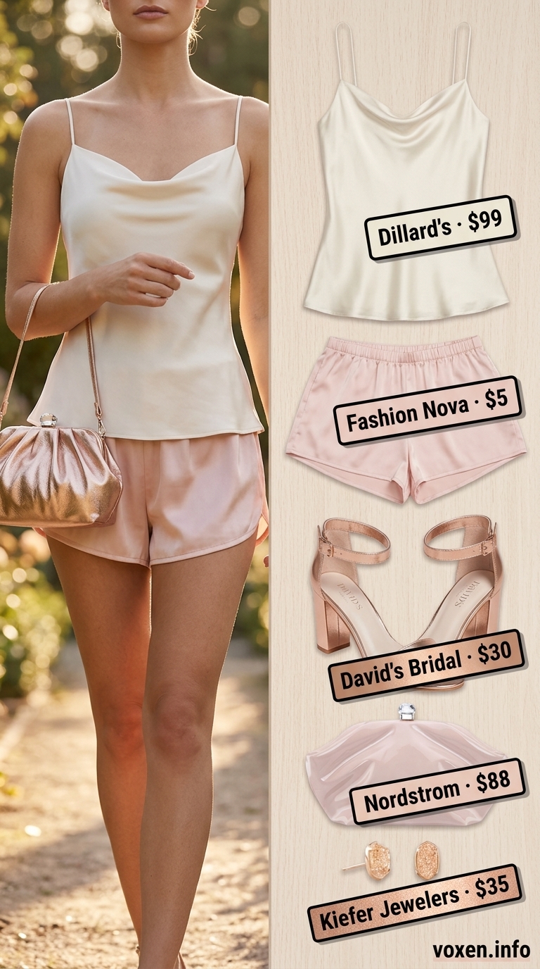 Summer Flowy Shorts for Women 2026: Garden Party Glam Summer Flowy Shorts for Women 2026: Blush pink satin shorts, cream cami, rose gold heels for garden party.