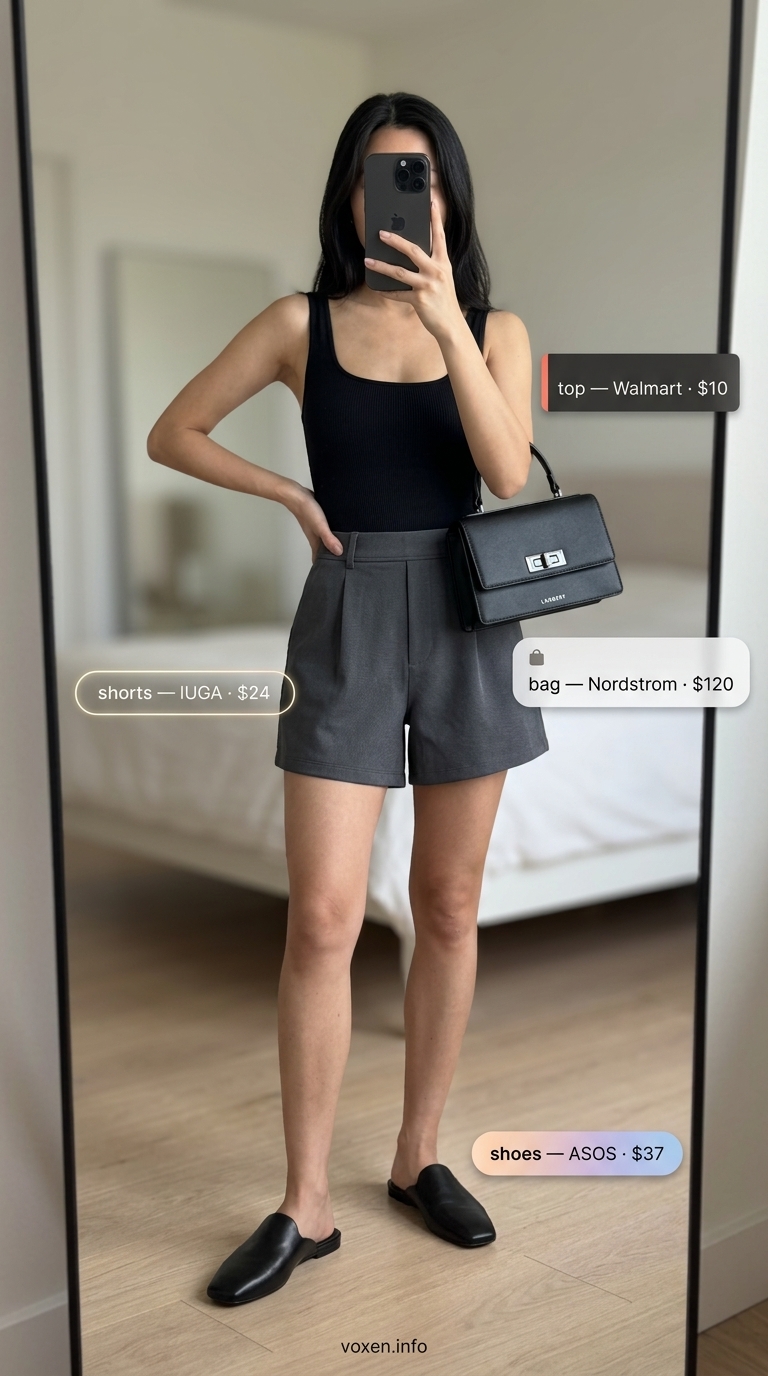 Summer Flowy Shorts for Women 2026: Chic Evening Style Summer Flowy Shorts for Women 2026: Charcoal cupro shorts, black bodysuit, shoulder bag for evening.